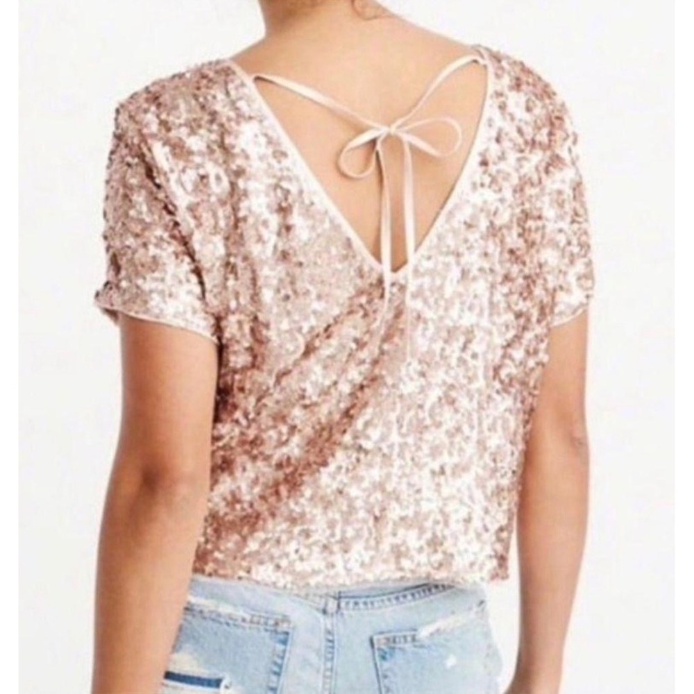 Abercrombie‎ & Fitch Rose Gold Sequin Short Sleeve Tie Back Shirt Top Small NWT